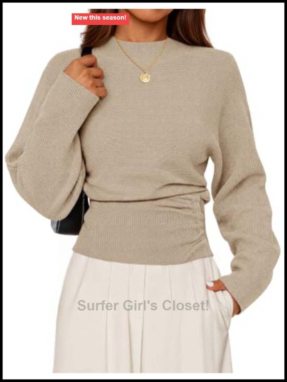 Mock Neck Batwing Sleeve Sweater Cinched Waist Ribbed Knit Pullover